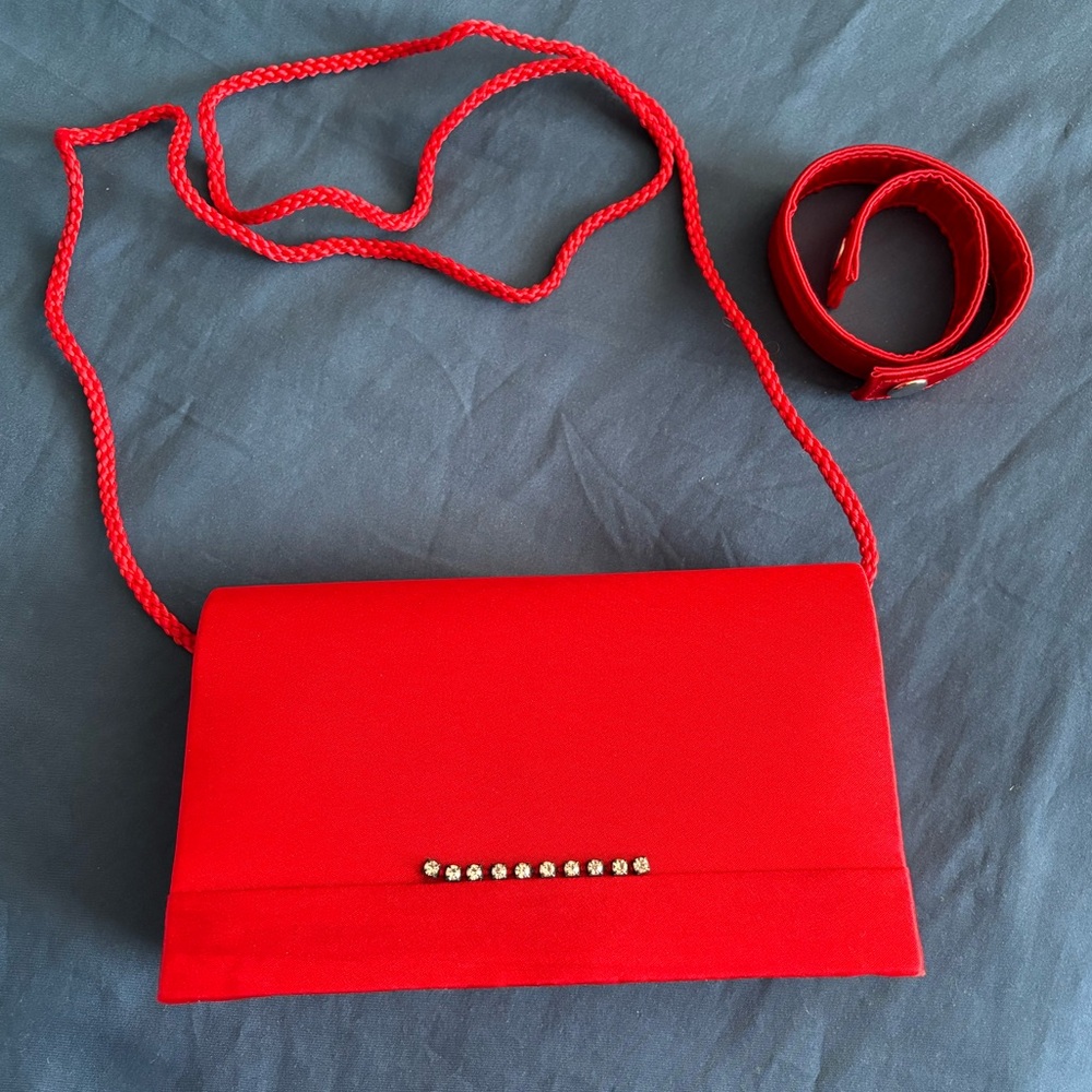 Red Evening Purse with red cord handle or short red strap